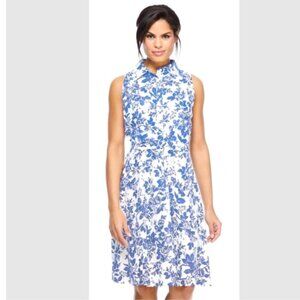 London Times Cabbage Rose Toile Shirtdress, China Blue/White